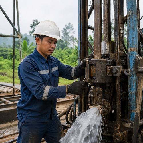 Teknisi Jasa Sumur Bor Palembang sedang bekerja